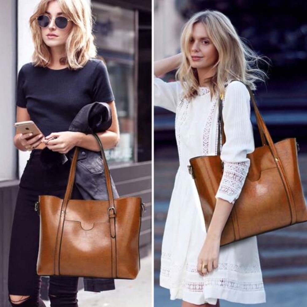 Classic Vegan Leather Tote Shoulder Bag - Picture 3 of 10
